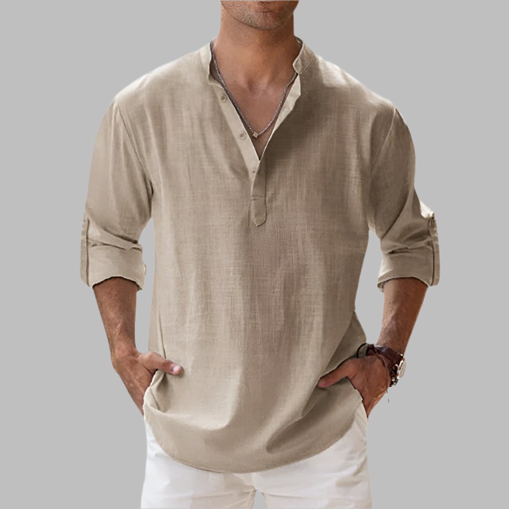 Men's Long Sleeve Henley Shirt - Khaki