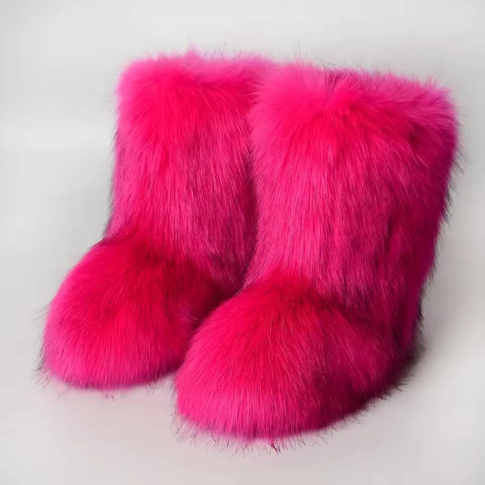 Women's Faux Fur Mid-Calf Ankle Boots - Rose Red