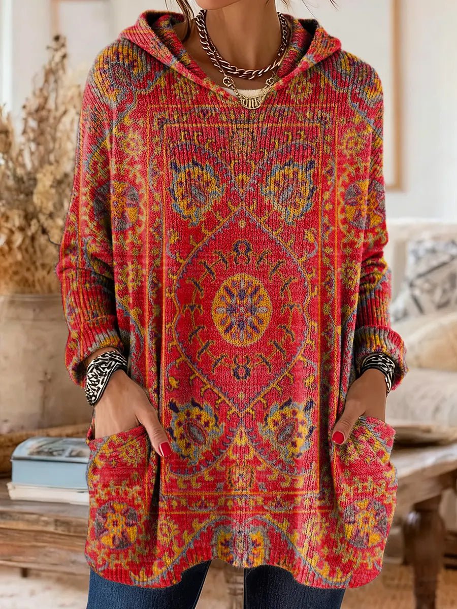 Women's Paisley Oversized Knit Tunic - Red