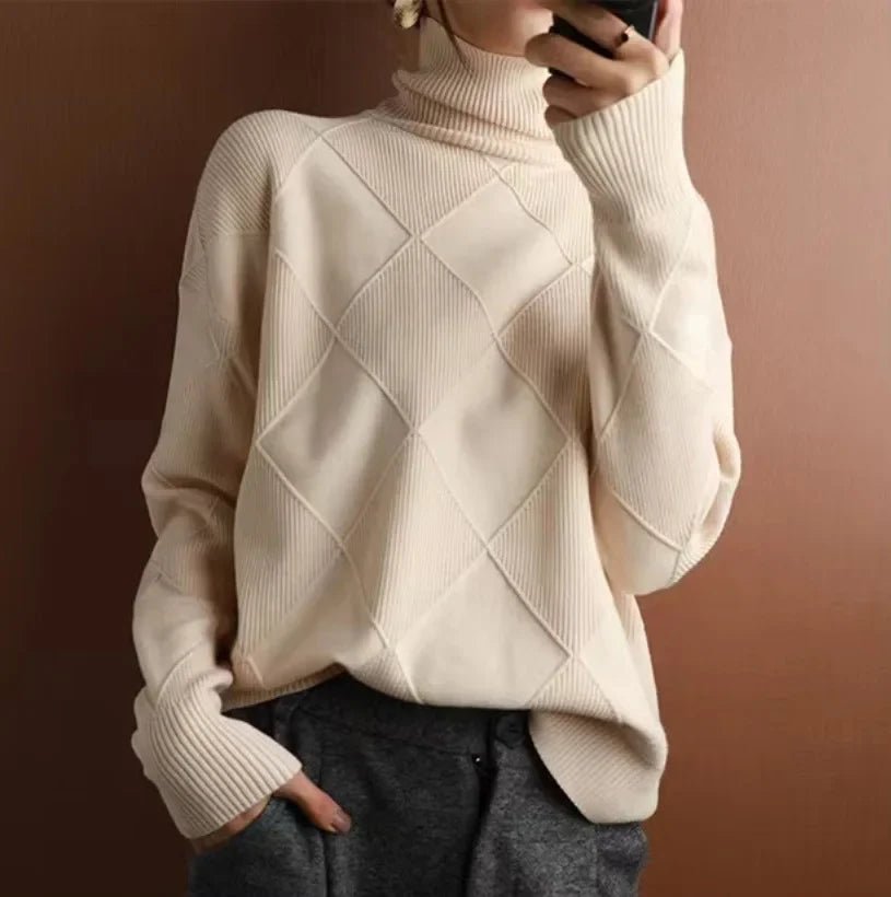 Women's Argyle Cashmere Roll Neck Jumper - Beige