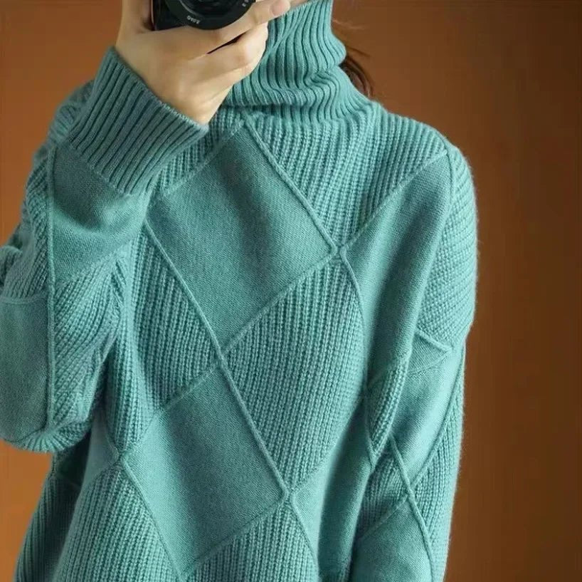 Women's Argyle Cashmere Roll Neck Jumper - Green