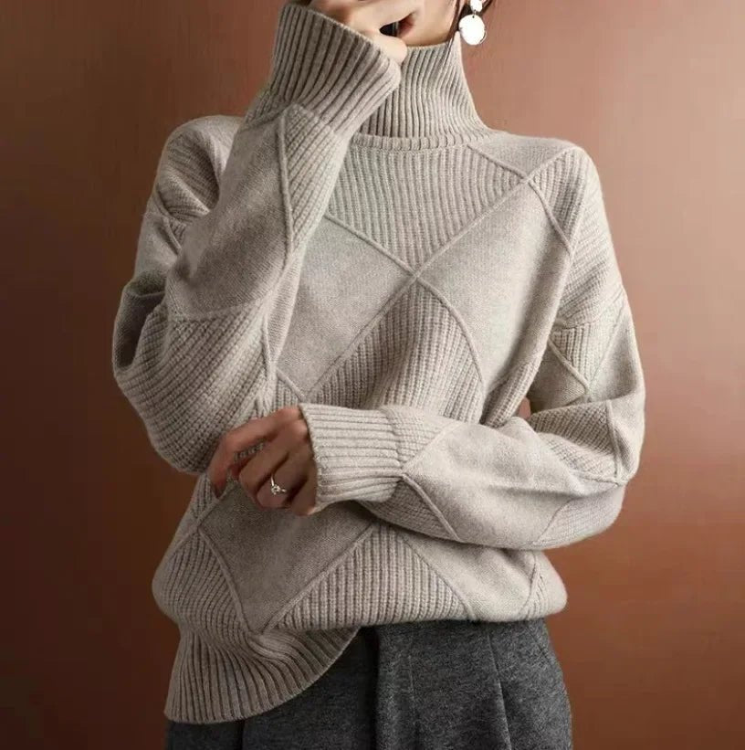 Women's Argyle Cashmere Roll Neck Jumper - Khaki