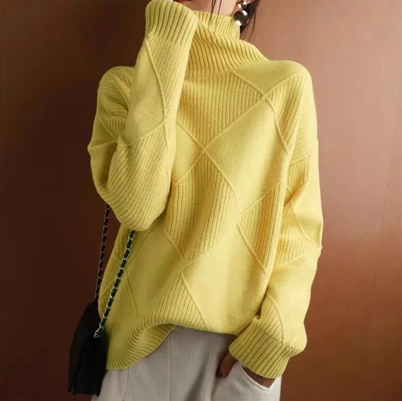 Women's Argyle Cashmere Roll Neck Jumper - Yellow