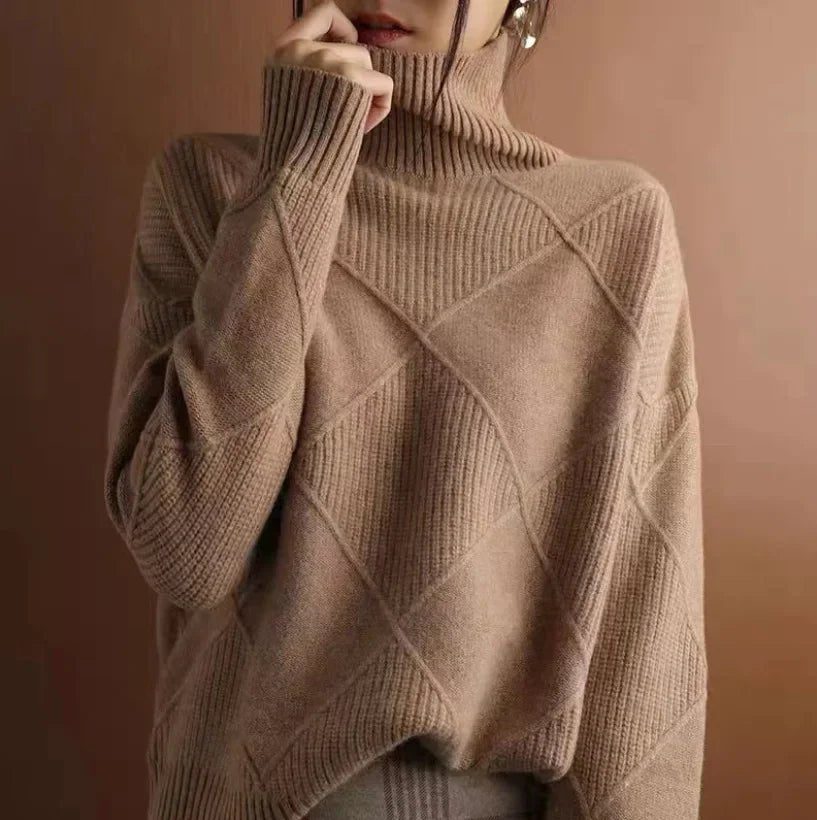 Women's Argyle Cashmere Roll Neck Jumper - Coffee