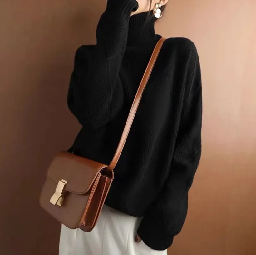 Women's Argyle Cashmere Roll Neck Jumper - Black
