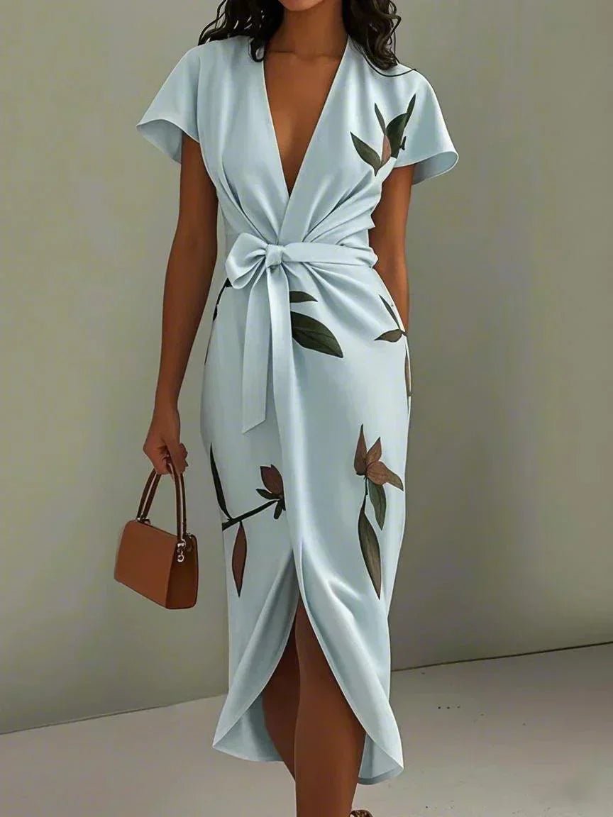 Women's Floral Satin Wrap Midi Dress - Light Blue