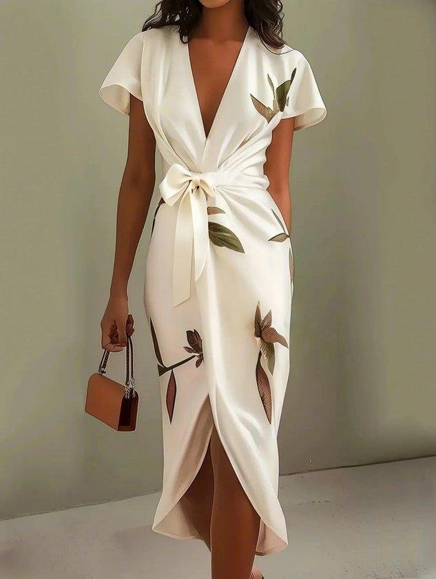 Women's Floral Satin Wrap Midi Dress - White
