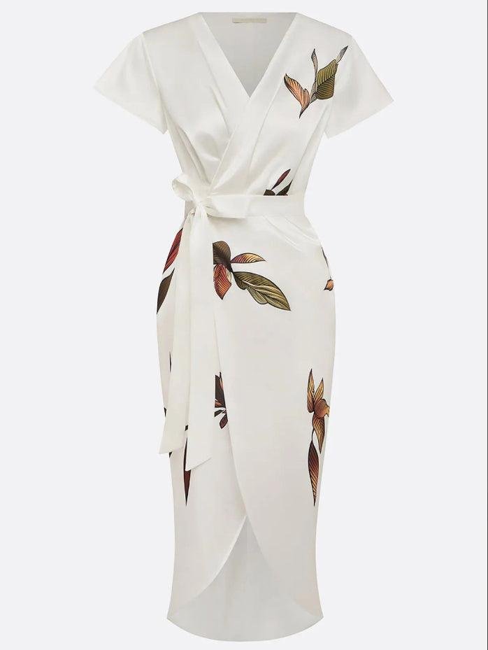 Women's Floral Satin Wrap Midi Dress