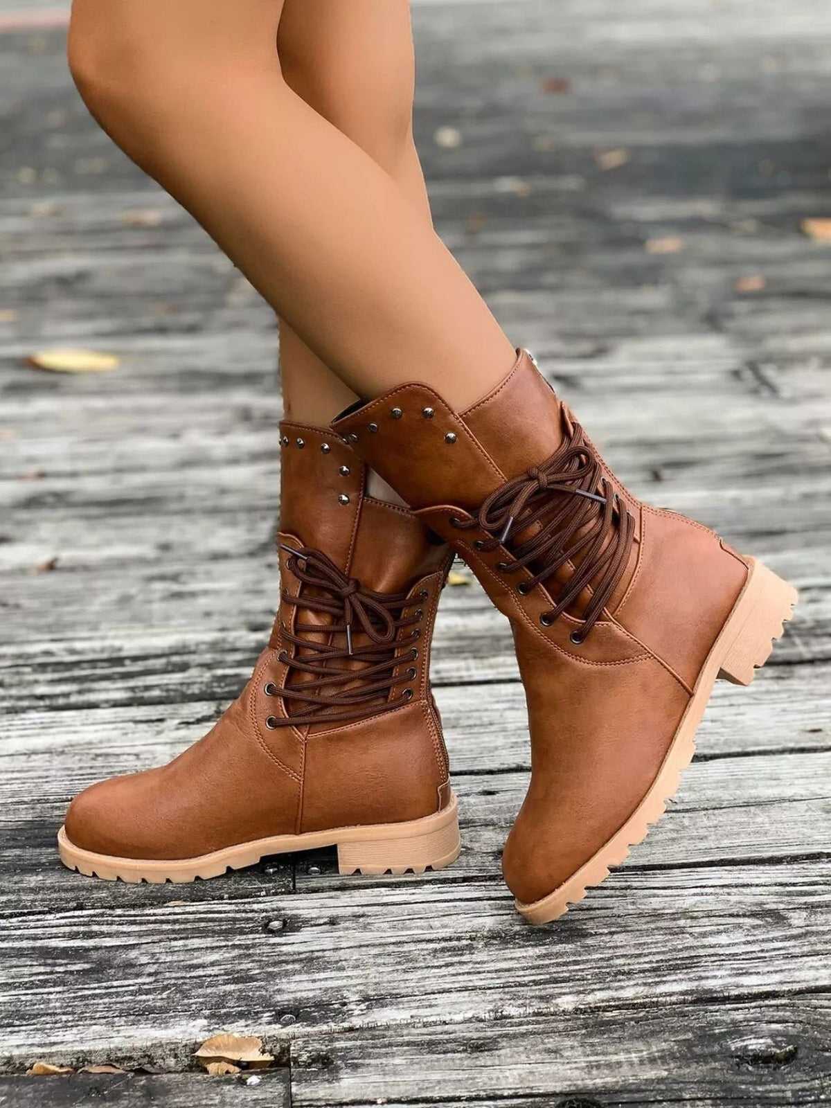 Women's Lace-Up Combat Ankle Boots - Brown
