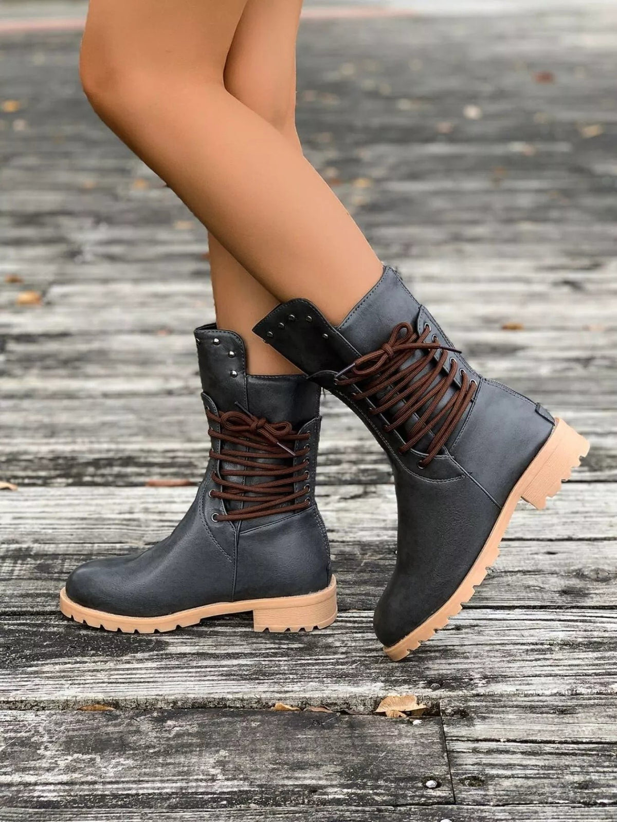 Women's Lace-Up Combat Ankle Boots - Gray