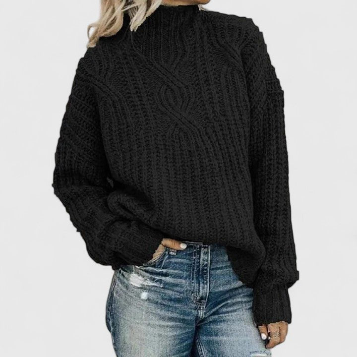 Women's Oversized Cable Knit Roll Neck Jumper - Black