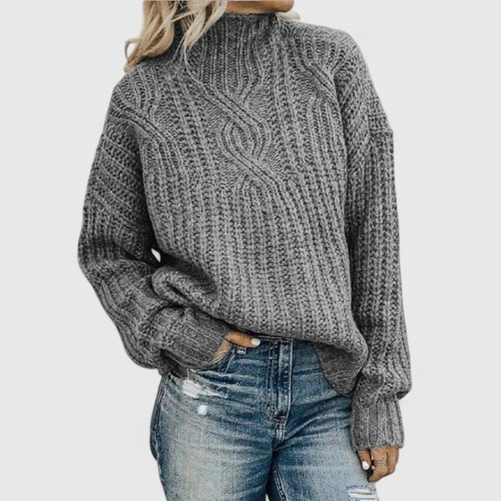 Women's Oversized Cable Knit Roll Neck Jumper - Gray