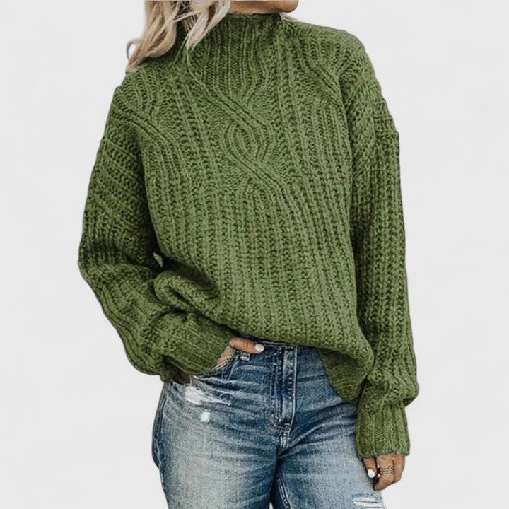 Women's Oversized Cable Knit Roll Neck Jumper - Green