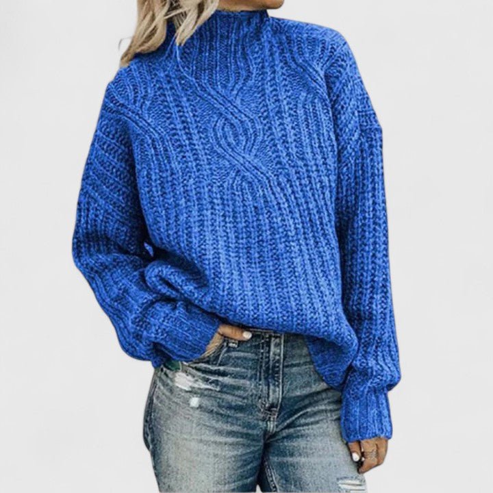 Women's Oversized Cable Knit Roll Neck Jumper - Blue