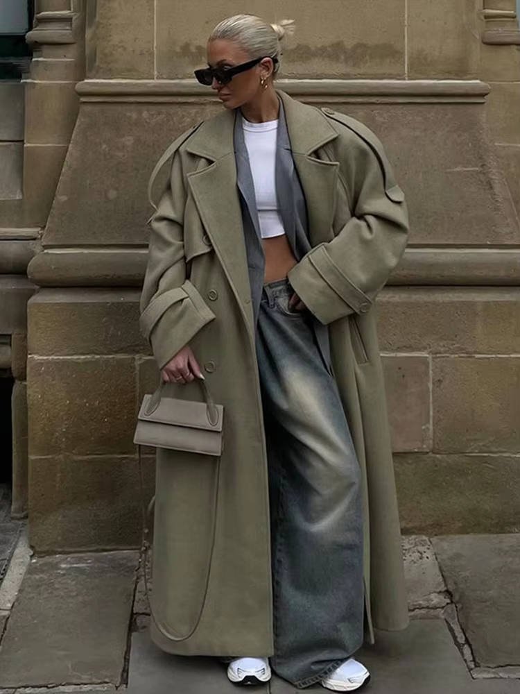 Women's Oversized Wool Trench Coat - Light Green
