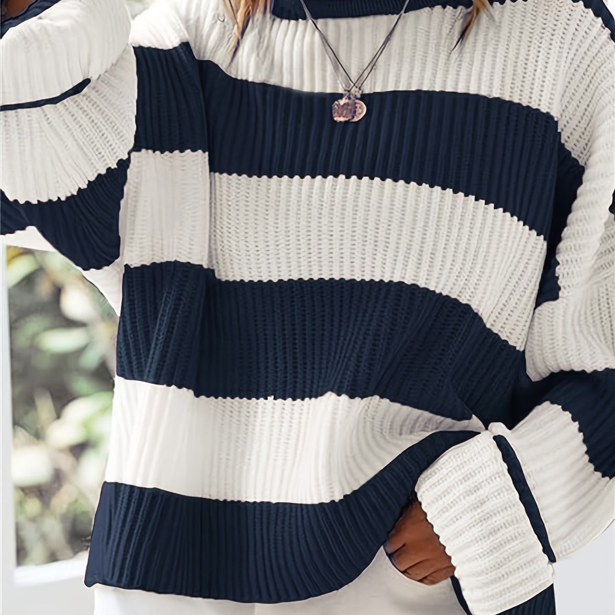 Women's Oversized Striped Knit Jumper - Navy