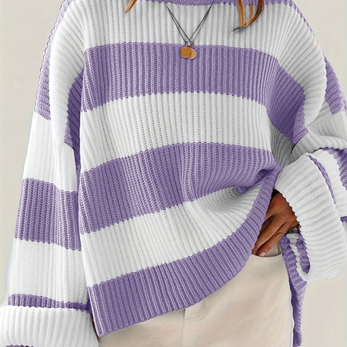 Women's Oversized Striped Knit Jumper - Purple