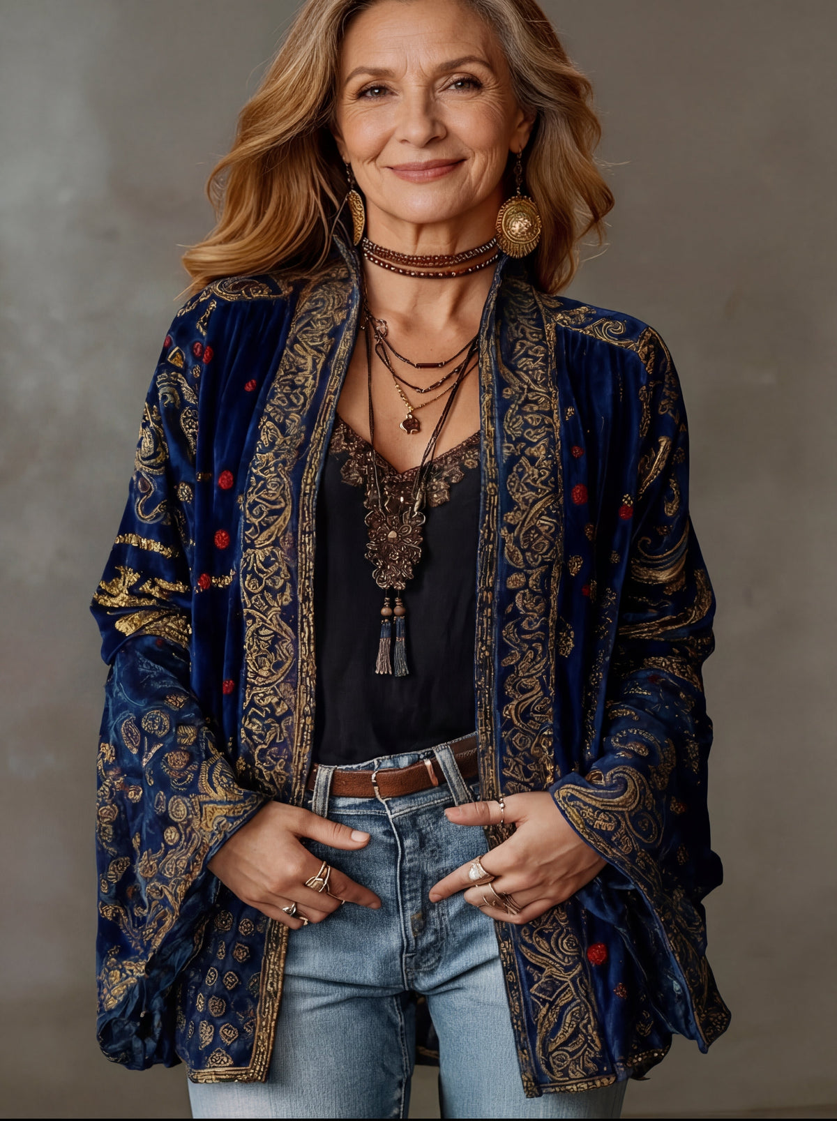 Women's Paisley Velvet Kimono Jacket - Midnight Blue