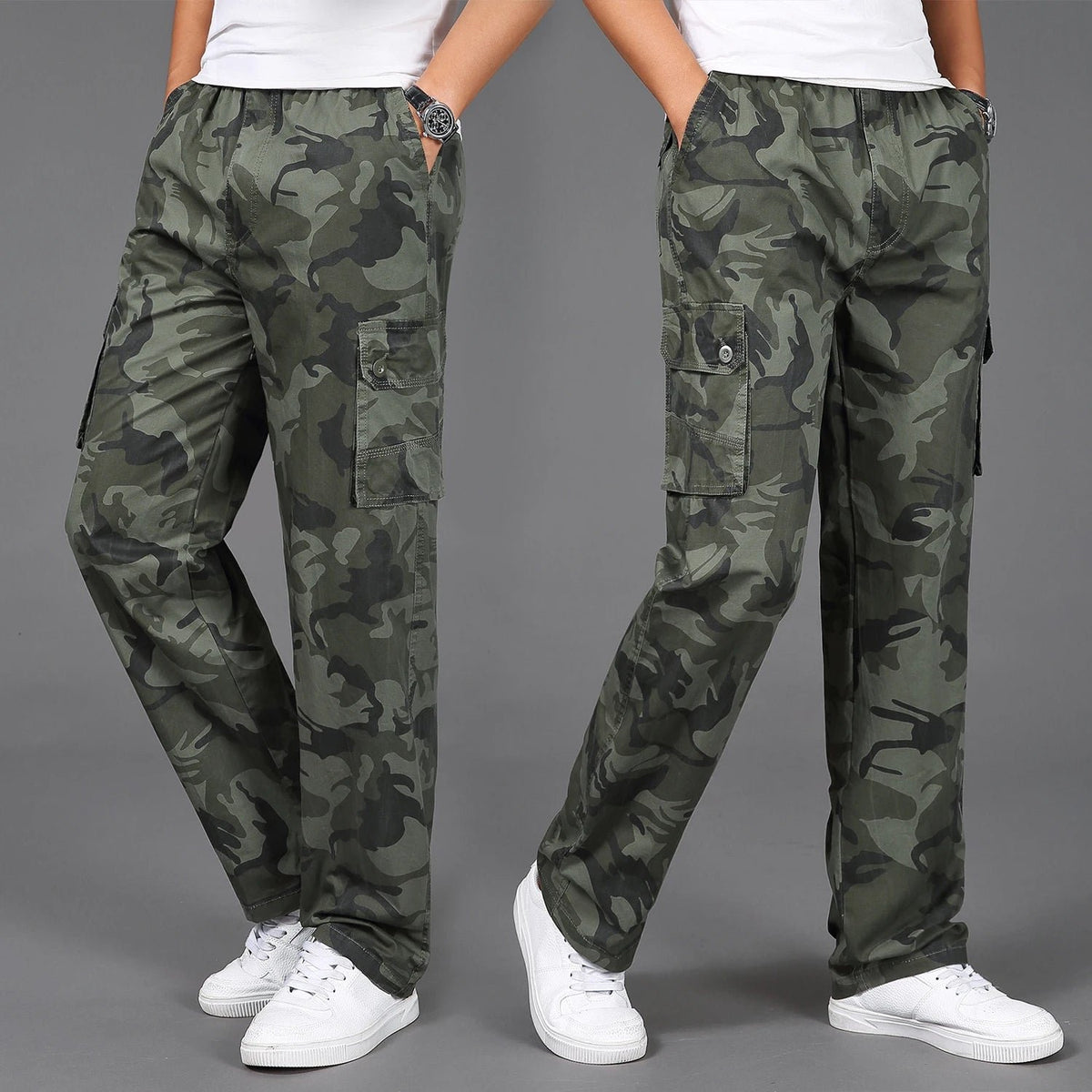 Men's Camo Cotton Cargo Trousers - Army Green