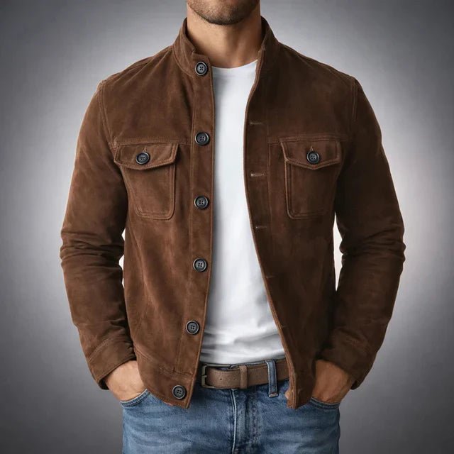 Men's Slim Suede Trucker Jacket - Dark Brown