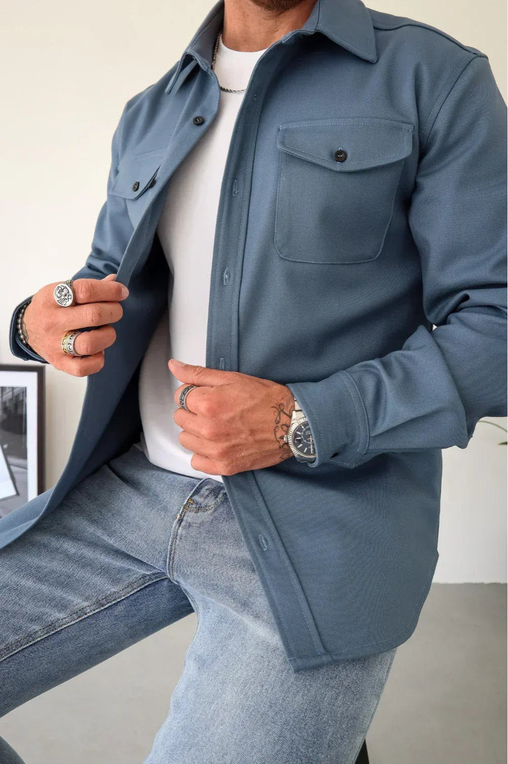 Men's Oversized Cotton Overshirt - Blue