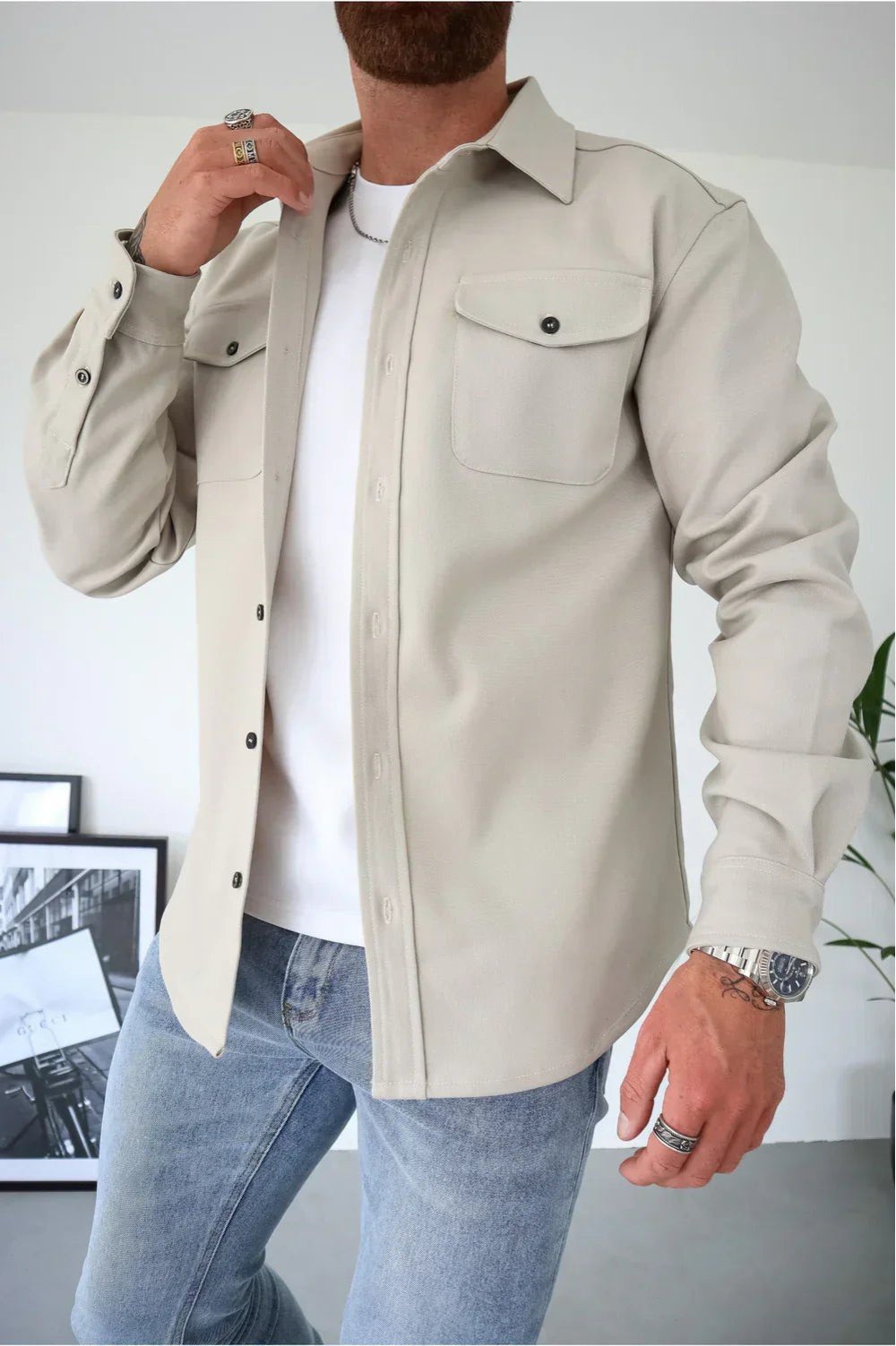 Men's Oversized Cotton Overshirt - Creme