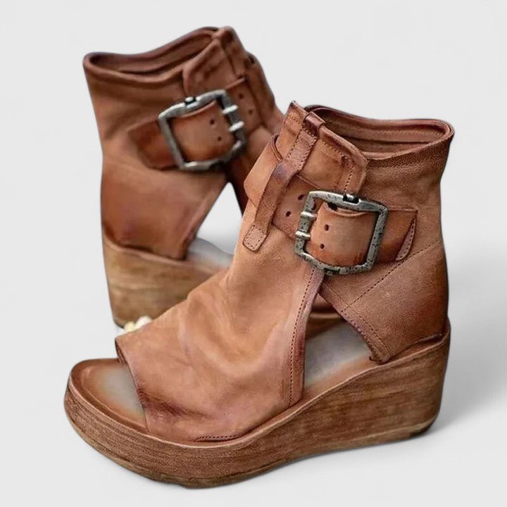 Women's Leather Wedge Booties - Brown
