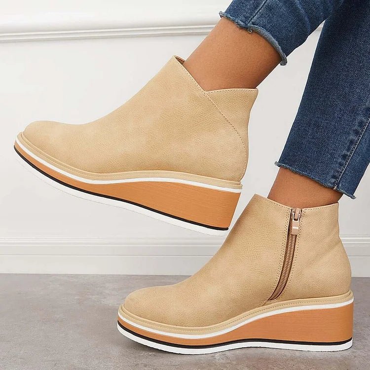 Women's Wedge Ankle Boots - Beige