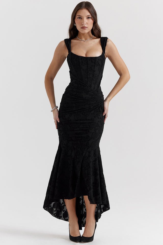 Women's Floral Bodycon Gown - Black