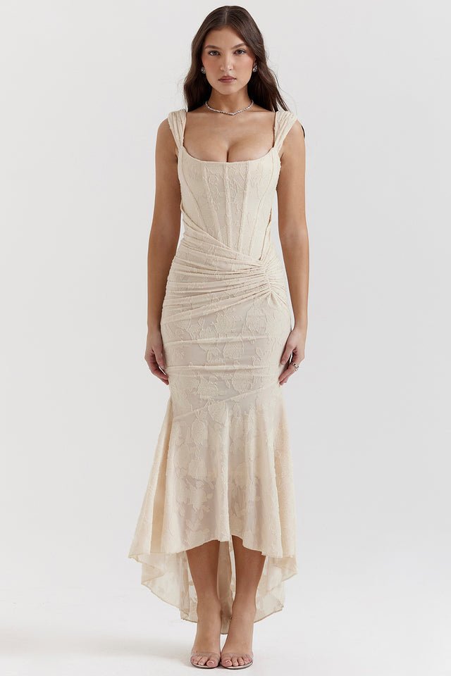Women's Floral Bodycon Gown - Beige