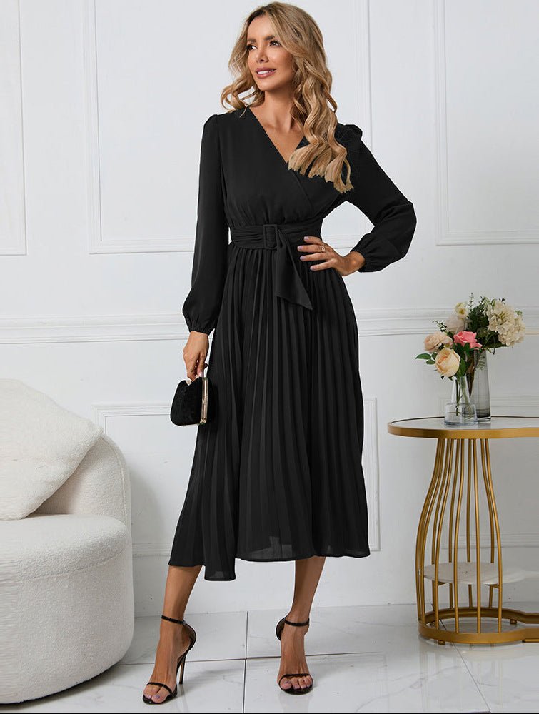 Women's Pleated Chiffon Cocktail Midi Dress - Black