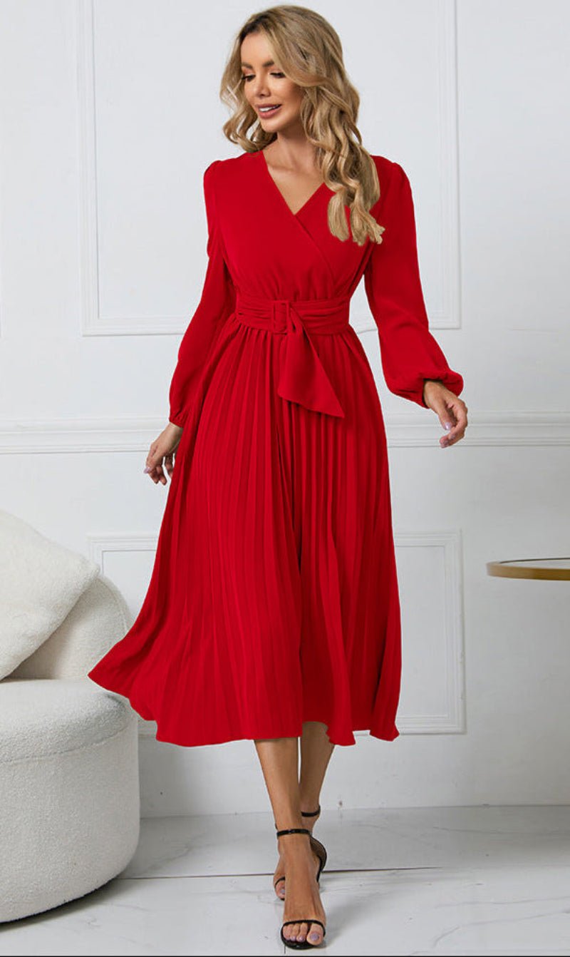 Women's Pleated Chiffon Cocktail Midi Dress - Red