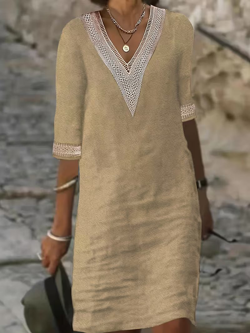 Women's Black Vacation V-Neck Shift Dress - Khaki