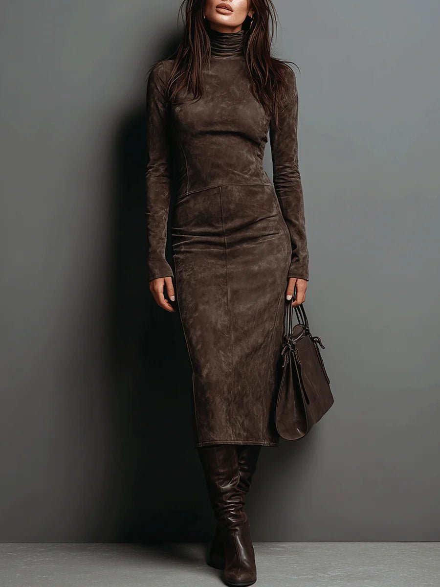 Women's Suede Bodycon Midi Dress - Chocolate Brown