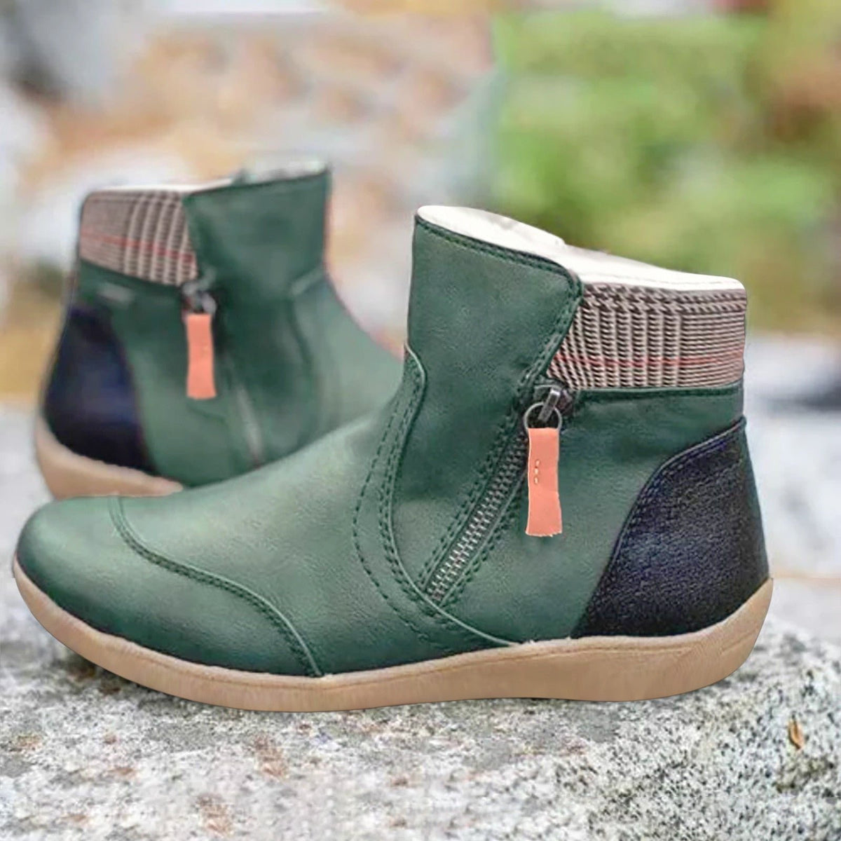 Women's Plaid Faux Leather Ankle Boots - Green