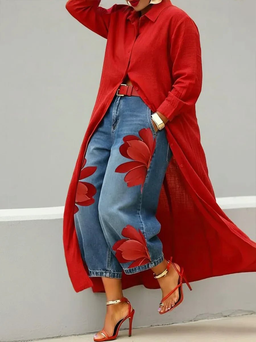 Women's Long Sleeve Oversized Maxi Shirt Dress - Red