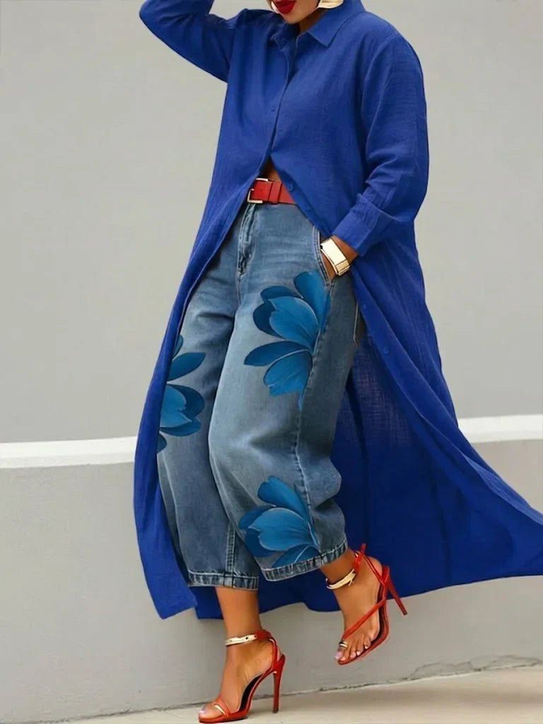 Women's Long Sleeve Oversized Maxi Shirt Dress - Blue