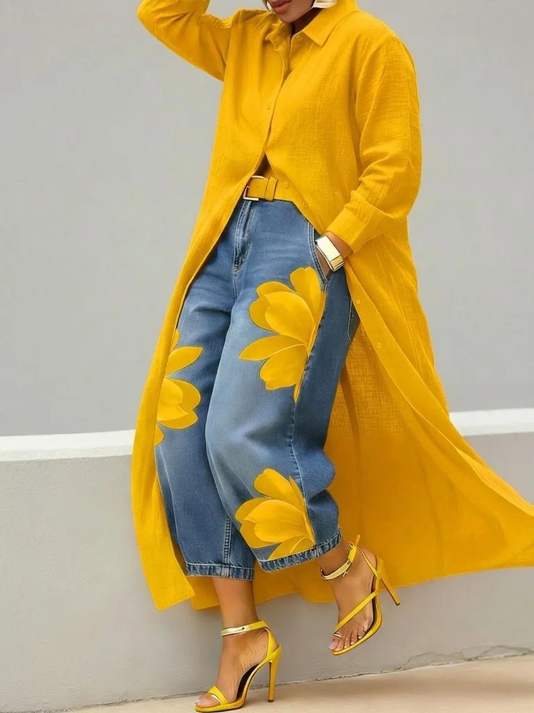 Women's Long Sleeve Oversized Maxi Shirt Dress - Yellow