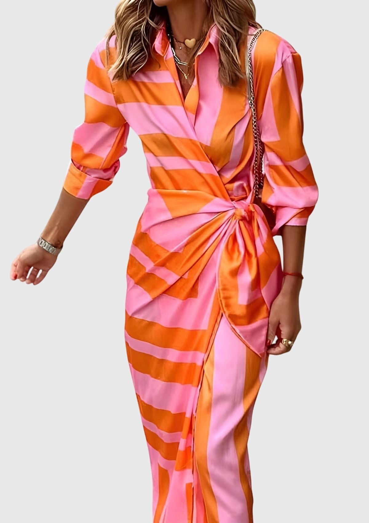 Women's Satin Wrap Midi Dress - Orange