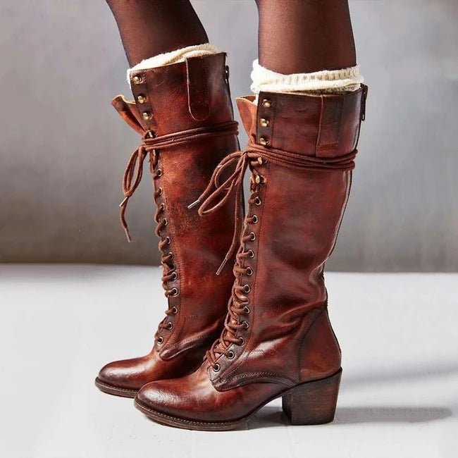 Women's Leather Knee-High Boots - Redish Brown