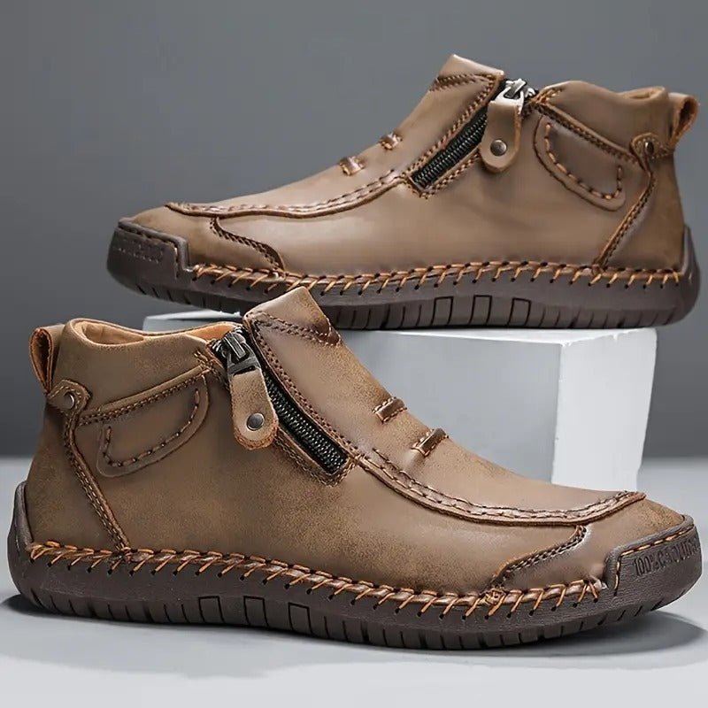 Men's Leather Ankle Boots - Khaki
