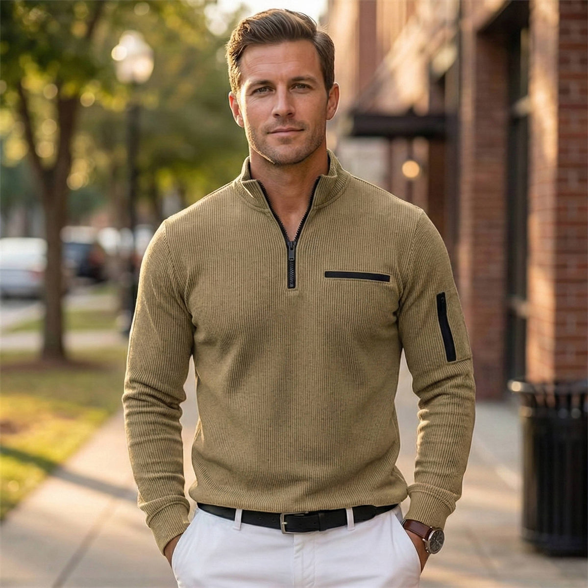 Men's Quarter-Zip Jumper Jumper - Deep Khaki
