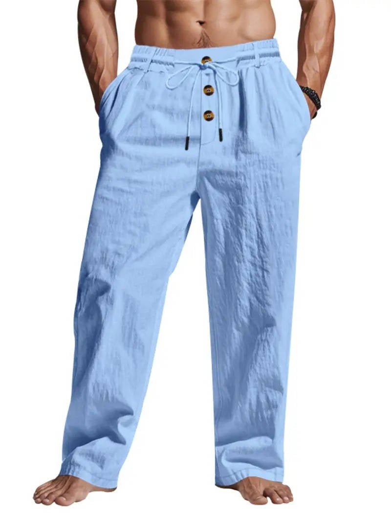 Men's Linen Drawstring Trousers - Light blue