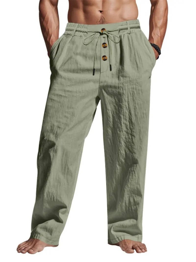 Men's Linen Drawstring Trousers - Green