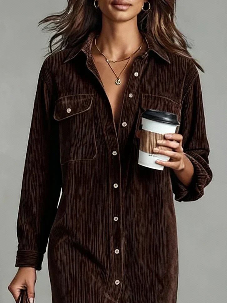 Women's Long Sleeve Oversized Corduroy Midi Dress