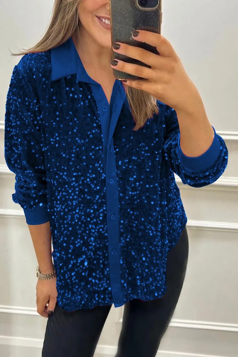 Women's Long Sleeve Oversized Sequin Shirt - Blue