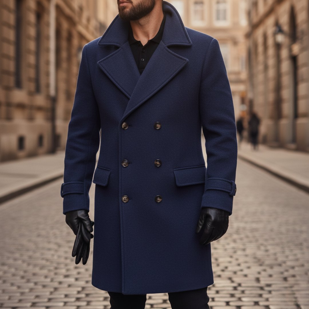 Men's Wool Double-Breasted Overcoat - Blue