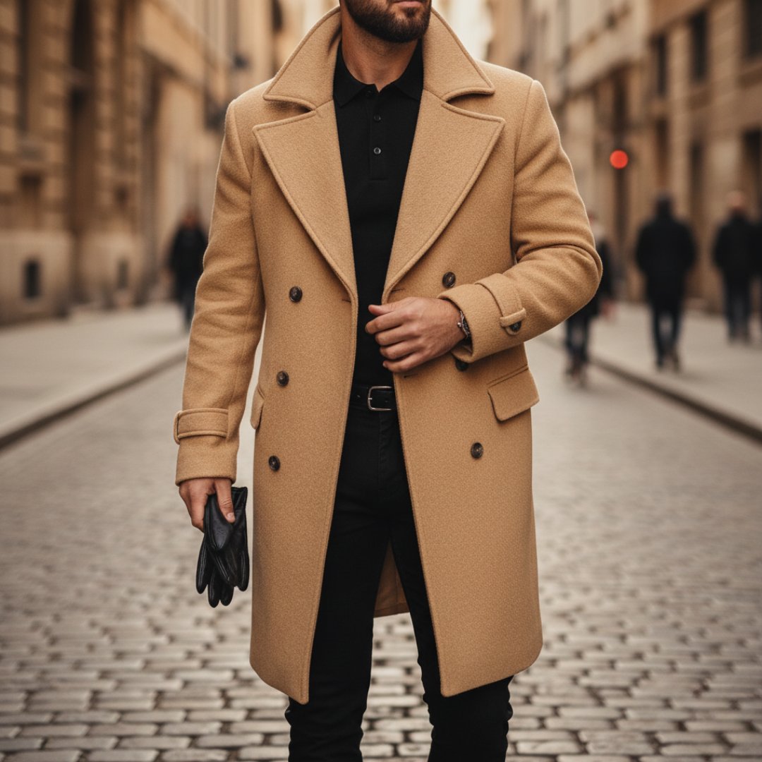 Men's Wool Double-Breasted Overcoat - Beige