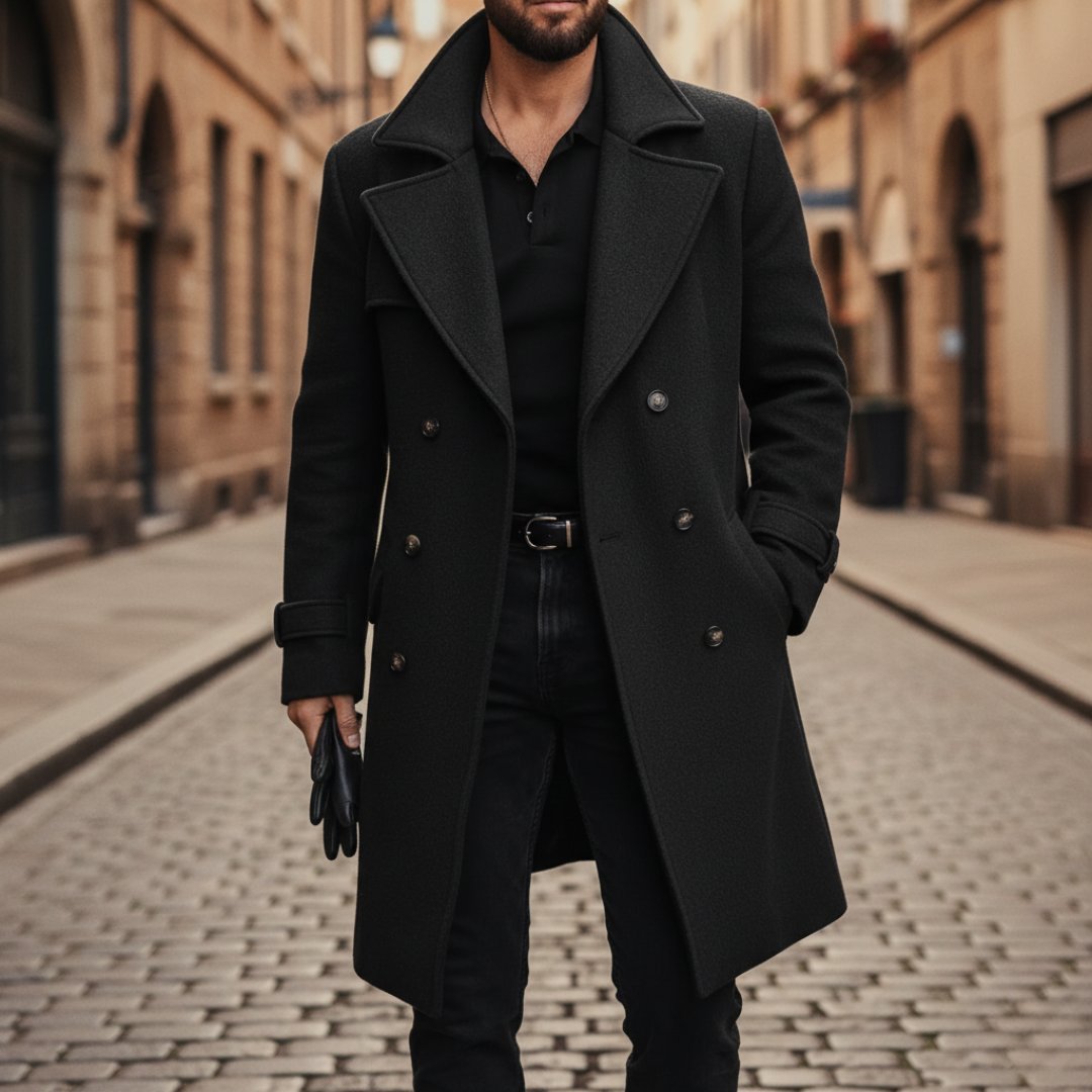 Men's Wool Double-Breasted Overcoat - Black