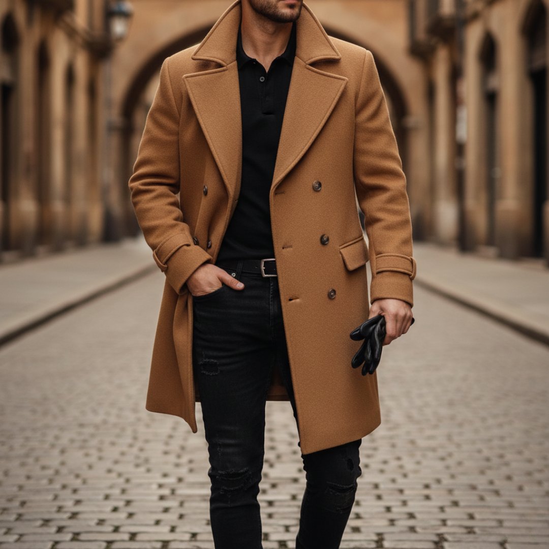 Men's Wool Double-Breasted Overcoat - Brown
